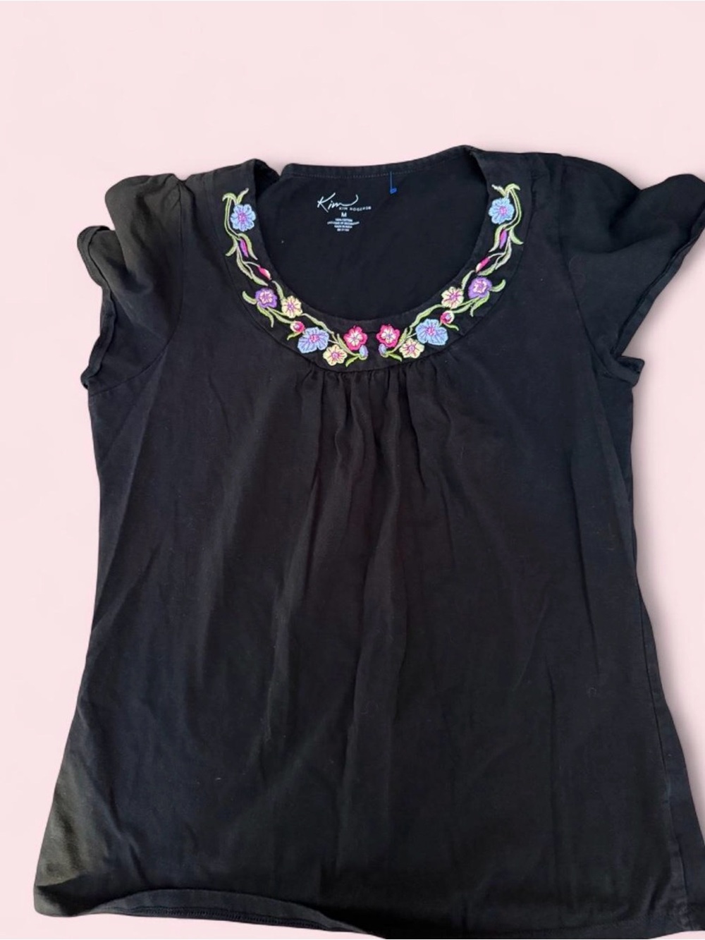 Kim Rogers Black Scoop Neck Tee with Floral Embroidery